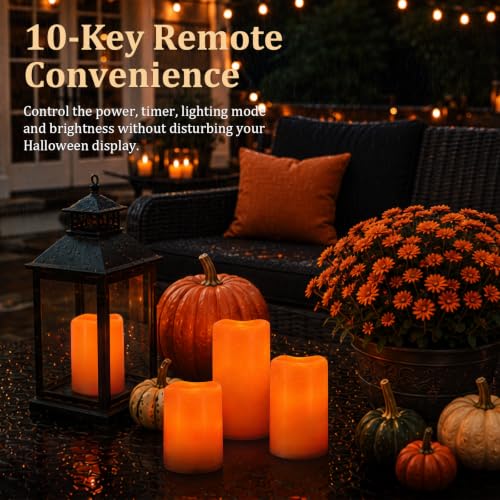 Image of Homemory Orange Outdoor Flameless Candles, Waterproof, Remote Timer, 3 Pack | Flameless LED pillar candles, D3 inchxH4 inch /5 inch /6 inch, IPX5 waterproof, outdoor candles, porch, patio, garden, Halloween decor