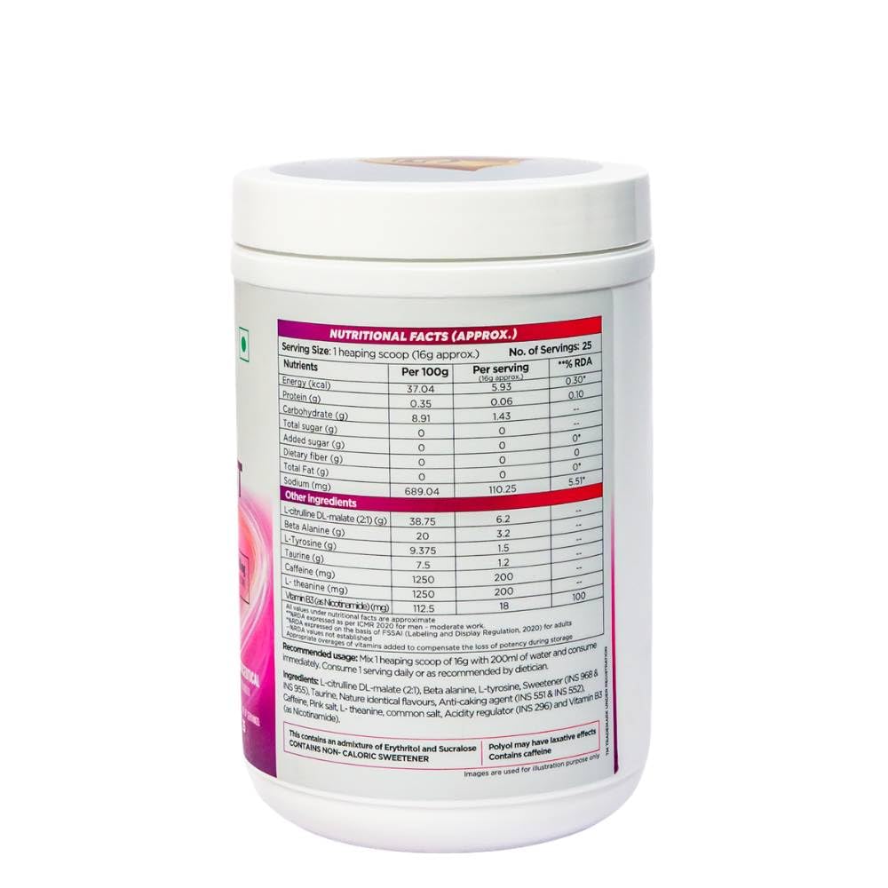Pre Workout 400g Pink Guava | 25 Servings | Citrulline 6200mg | Beta Alanine 3200mg | Taurine 1200mg | Caffeine + Theanine 200mg | Tyrosine 1500mg | Energy, Focus & Muscle Endurance | Pre-Workout Supplement for Gym, Fitness & Training — Amazon image 3