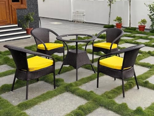 Image of PRATHAM India 4+1 Outdoor Indoor Patio Set Bistro Set Rattan Set Lawn Balcony Hall Outdoor Garden Chair Table Set (Brown Chair & Yellow Cushion)