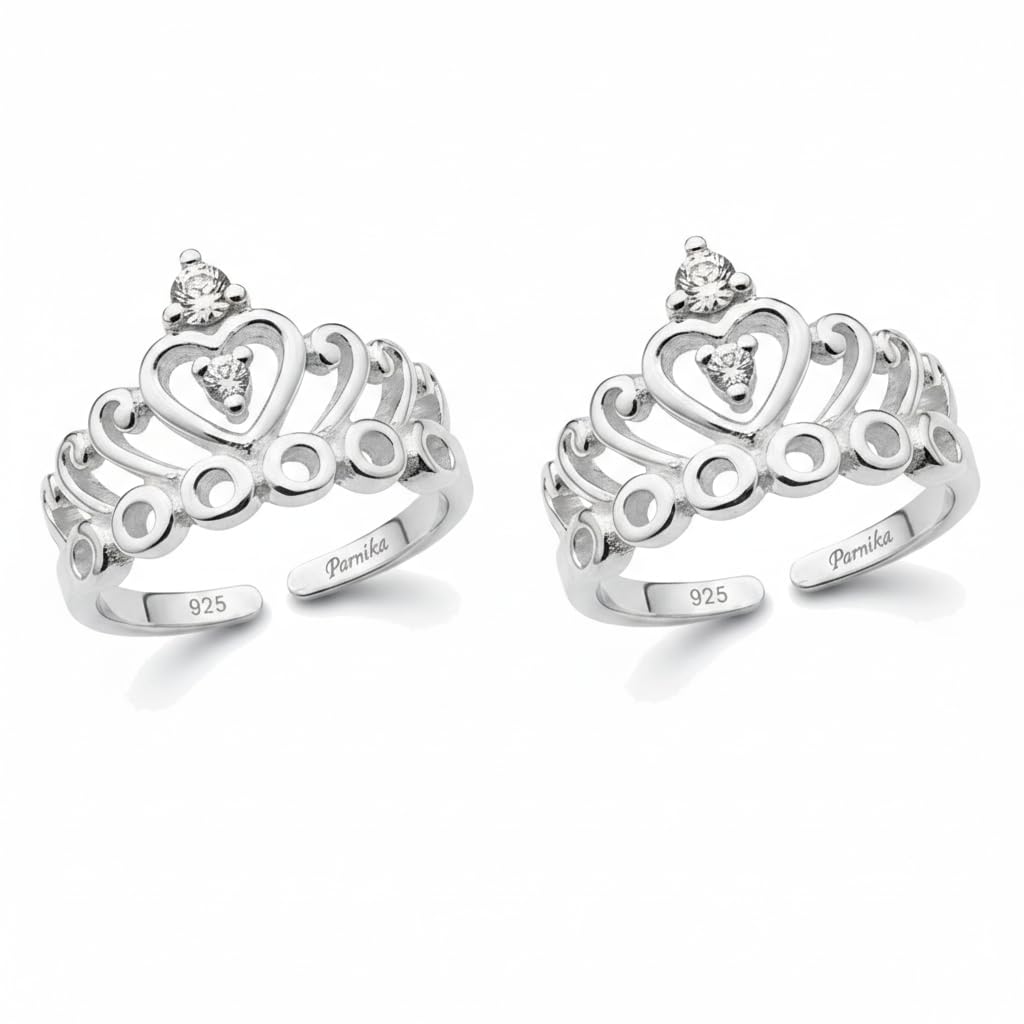 Parnika Exquisite Crown Design Silver Toe Rings in Pure 92.5 Sterling Silver for Women | Chandi Bichiya | With Certificate of Authenticity | Metti | (CZ) 3