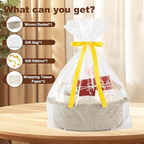 Image of OIAHOMY Gift Basket with Handle, Small Woven Basket with Gift Bag,Ribbon and Wrap Tissue Paper,Nursery Bins Empty to Fill with Small Items, Baby,Pet Toy Organizer - Brown