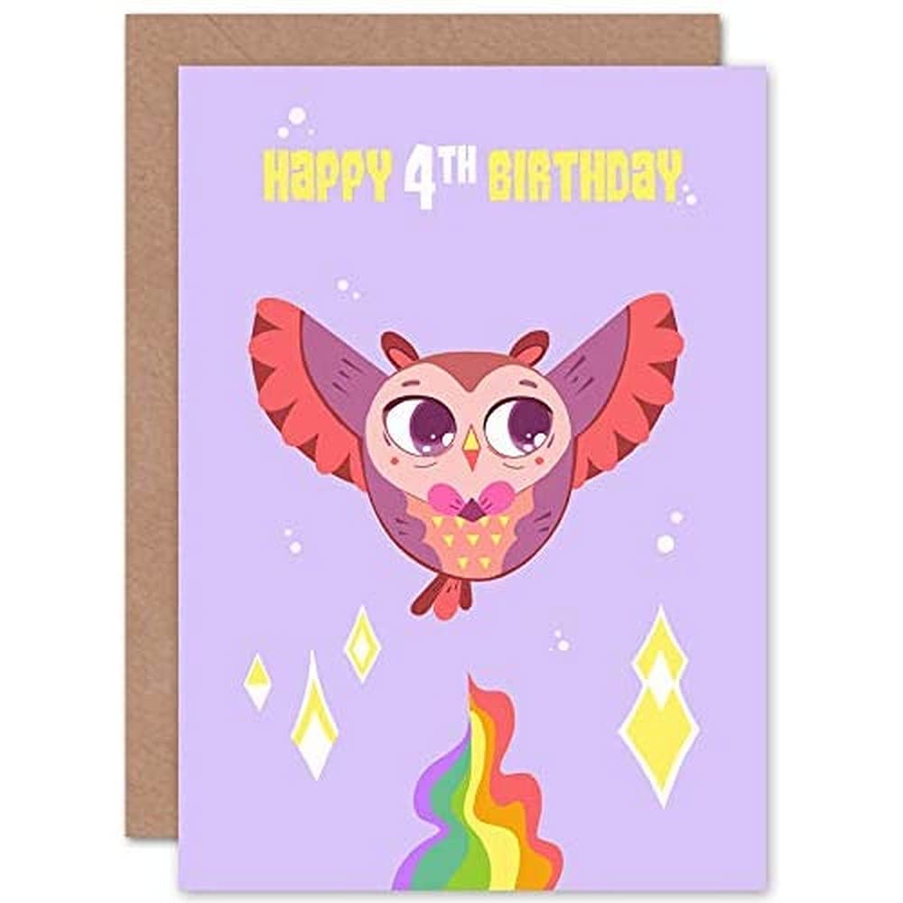 Wee Blue Coo Kawaii Owl Flying 4th Birthday Greeting Card With Envelope Blank Inside Premium Quality