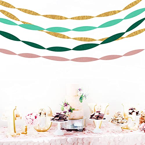 Image of Sage-Green Pink-Gold Crepe Paper Streamers - 8 Rolls Green Party Decorations Streamer Birthday Rustic Wedding Bridal-Shower Bachelorette Engagement Paper Flowers Valentines Mothers Day Decor Panduola
