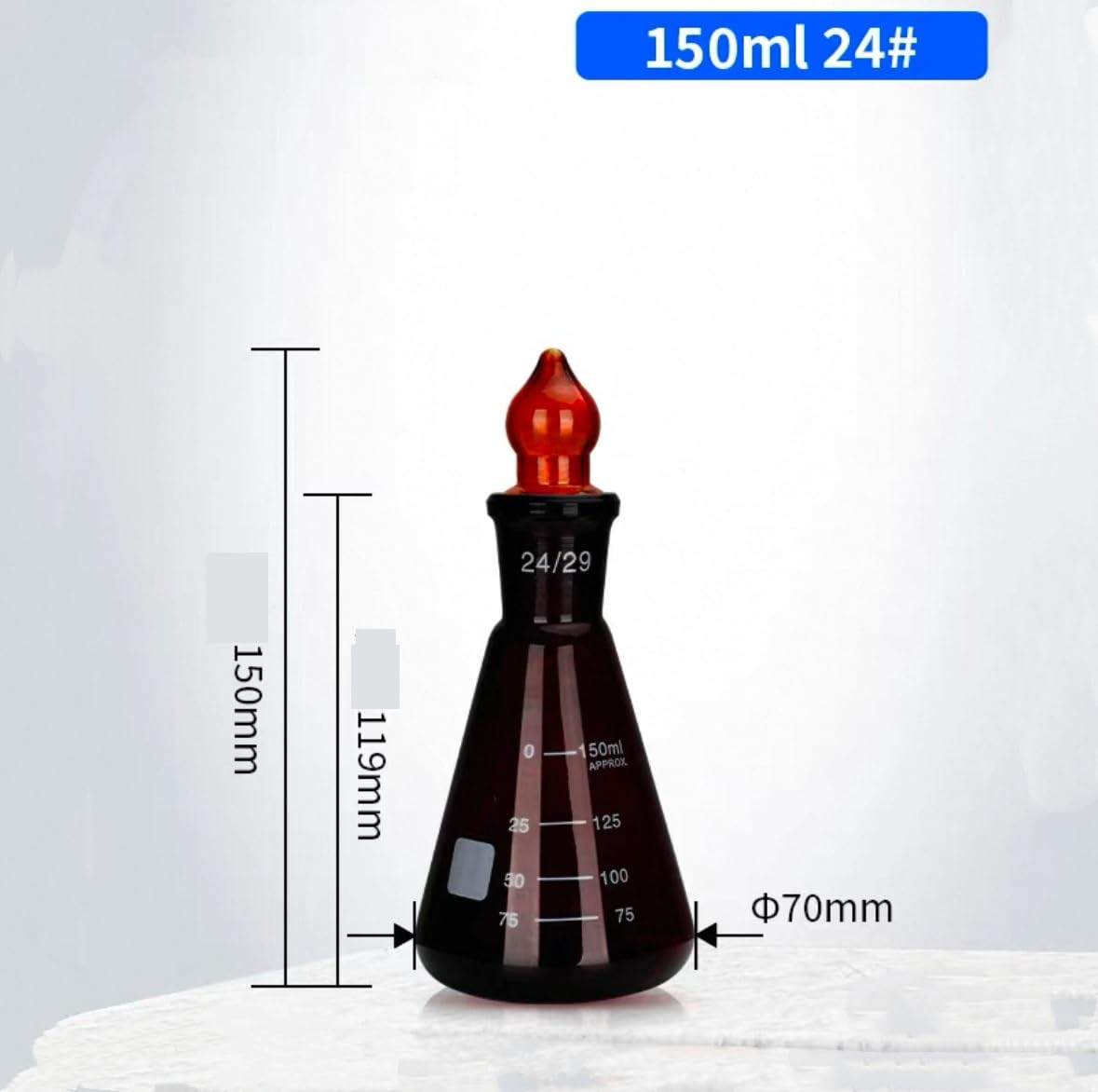 Matraz triangular de borosilicato de 50-250 ml con tapón de vidrio esmerilado, color marrón(150ml 24-29)