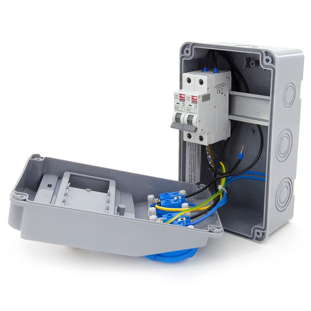 Distributore di corrente da costruzione cablato con fusibili e prese Schuko 2 x 230 V + 2 interruttori di circuito C16 1 polo, IP54, per interni ed esterni
