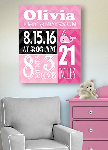 Personalized Stretched Canvas Birth Announcement Gift, Custom Baby Name, Date, Weight Stats, Unique Whale Nursery Wall Art Decor, Wooden Frame Construction, Ready to Hang 10X12