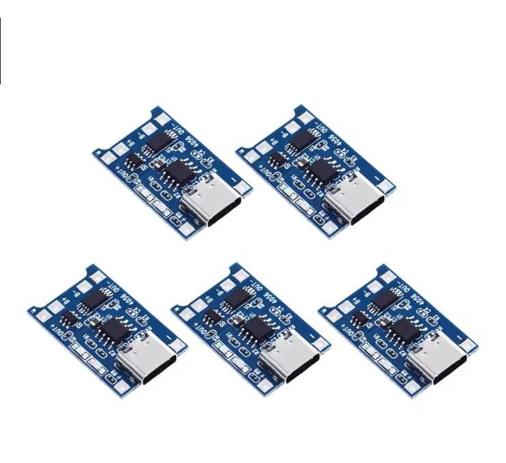 MicroTunk 5PCS TP4056 Charging Module 5V 1A Type-C USB 18650 Lithium Battery Charger Board with Protection (Type-C USB)