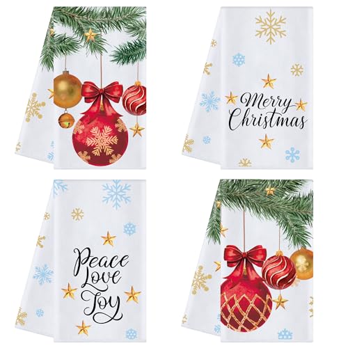peony man Christmas Kitchen Towels Holiday Joy Ball Dish Towel 18 x 26 Inch Merry Christmas Snowflake Ball Bathroom Hand Towels for Xmas Winter Kitchen Farmhouse Decorations