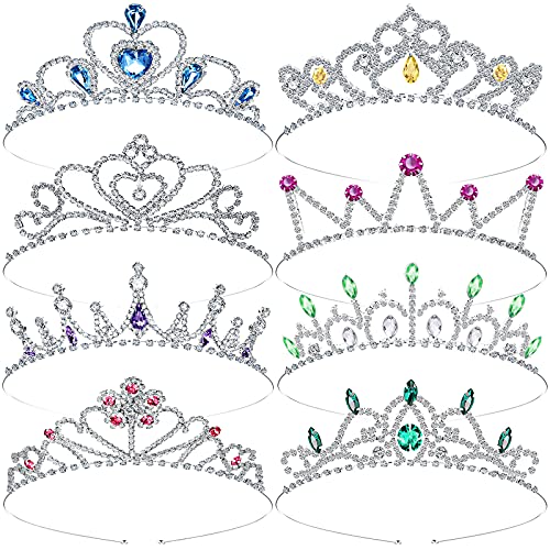 8 Pieces Girls Crown Tiara Princess Crown Christmas Silver Rhinestone Princess Colorful Crystal Tiara Crown Glitter Crystal Tiara Headband Tiara Rhinestone Princess Hair Accessories for Birthday Party