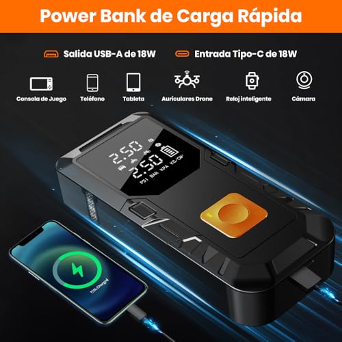 AWESAFE 12000mAh Compresor Aire Portatil 150PSI & Arrancador de Baterias de Coche 12V (Gasolina o Diésel), Power Bank con 18W Carga Rápida, Inflador Ruedas con Linterna LED,Moto, Pelotas - imagen 5