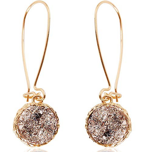 Humble Chic Simulated Druzy Threaders - Boho Glitter Upside-Down Long Hoop Dangle Drop Earrings for Women, Gold-Tone, Metallic Yellow, Bohemian