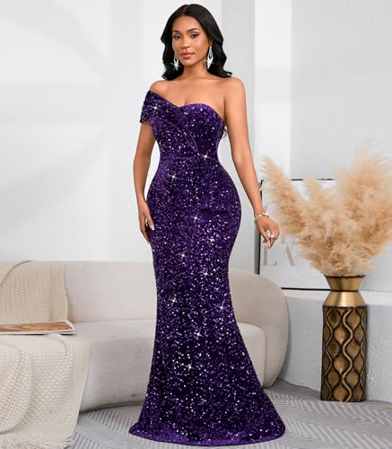 Image of Cololura Women Sexy Sequin One Shoulder Mermaid Formal Party Cocktail Gowns Bodycon Evening Maxi Dress
