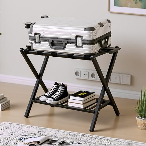 Image of Bamboo Luggage Rack with Shoe Shelf Folding Suitcase Stand with 5 Heavy-Duty Straps for Guest Room Living Room Hotel Ideal Luggage Holder for Suitcases Bags Shoes,Black