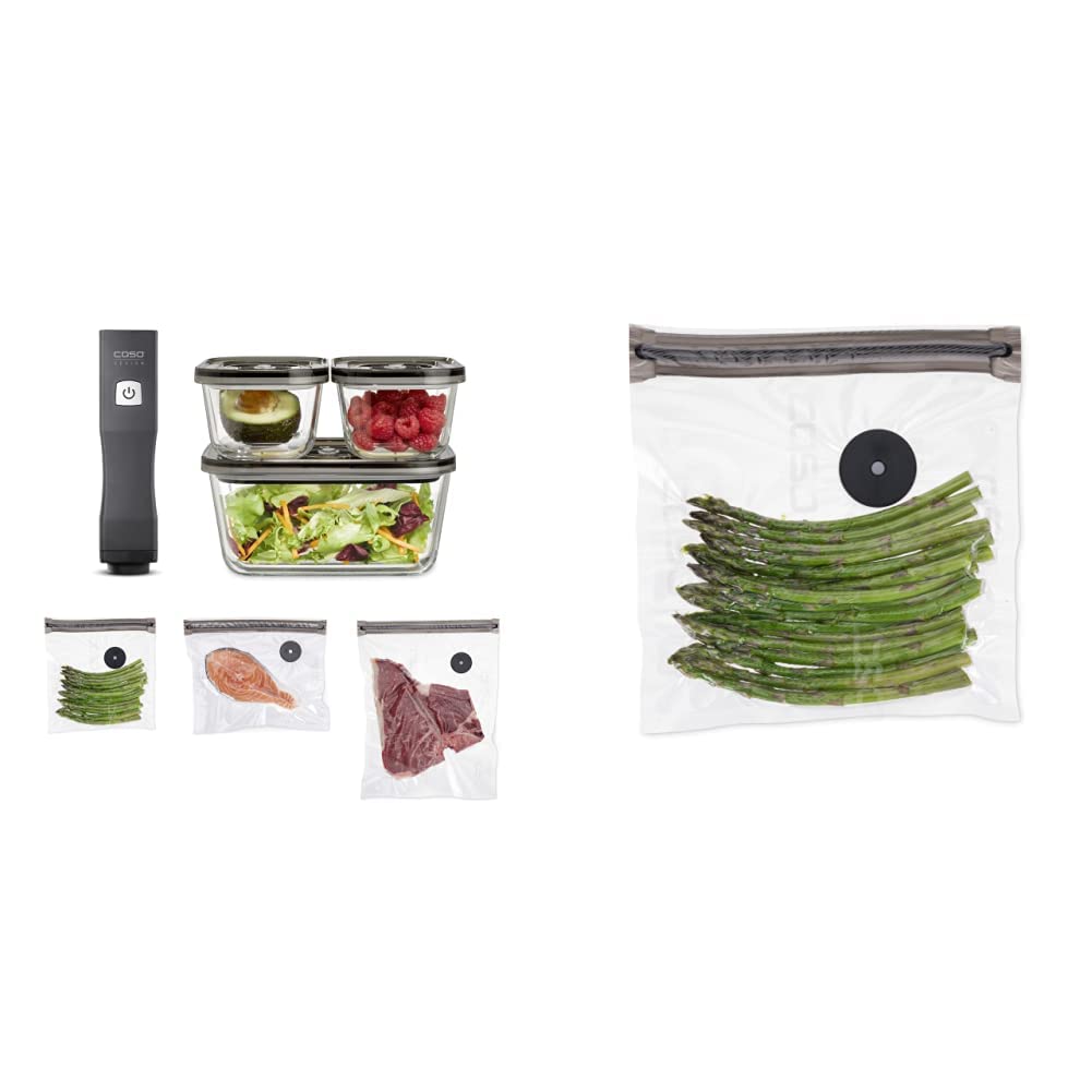 CASO Vacu OneTouch Eco-Set, Handvakuumierer inkl. 3 Vakuumbehälter & Vacu ZIP-Bags 20x23 cm, 20 Beutel, SousVide geeignet, BPA Frei, mit 150 µm besonders stark, reißfest, wiederverwendbar