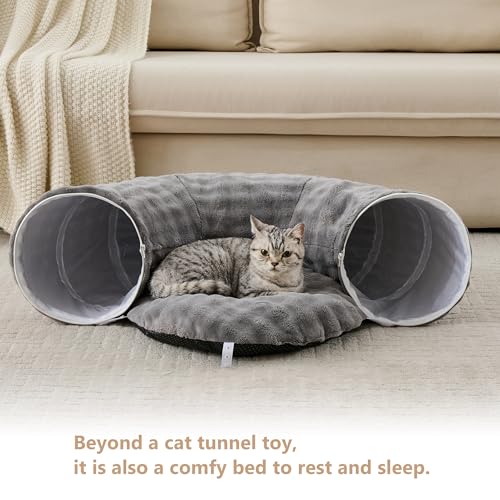 Image of Bubble Cat Tunnel for Indoor Cats, Round Peekaboo Cave Toy with Dangling Balls, Donut Tunnel Bed with Circle Mat for Puppy Kitten Rabbit, Grey