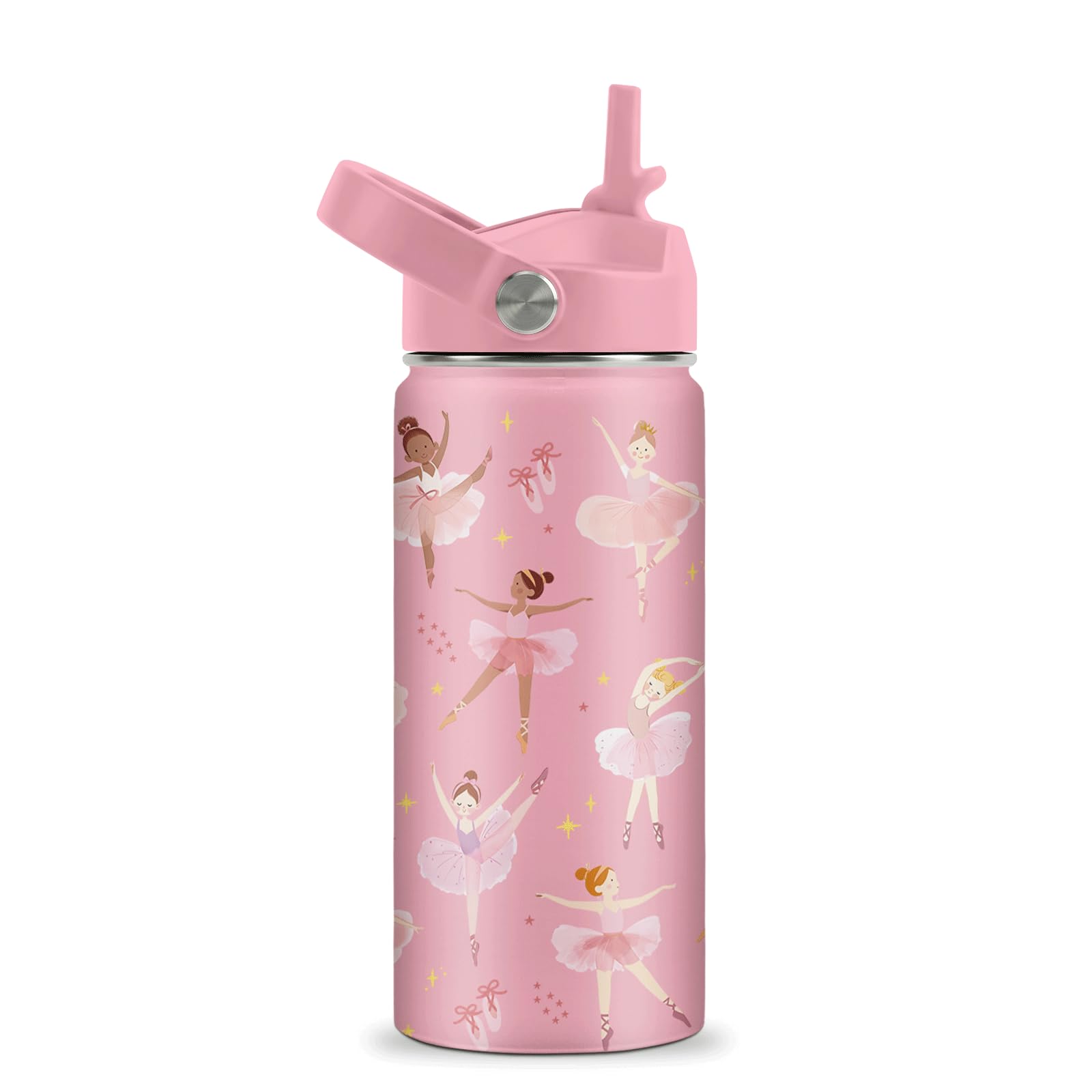 ROVOZAR Ballet Water Bottle for Girls - 16oz Dance Stainless Steel Water Bottle with Straw - Cute Dancer Insulated Cup - Pink Ballerina Kids Tumbler for School, Sports, Travel