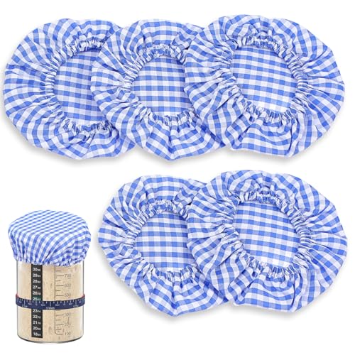 5 Pcs Reusable Sourdough Jar Cover Handmade Cotton Cloth Covers for Sourdough Starter Container Breathable Fabric Covers Bread Baking Supplies Fit Jars Mouth from 3-4 Inch (Blue Plaid)