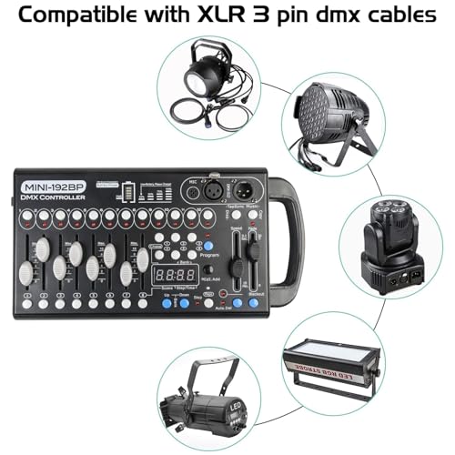 Dmx Controll Lichtmischpult Dmx Controller Eingebaute Batterie 192 Kanäle Dmx Konsole, Lichtmixer Dmx 512 Controller Musikgesteuert Akku Lichtpult Dmx Pult für Moving Head Partylicht Dmx Controler