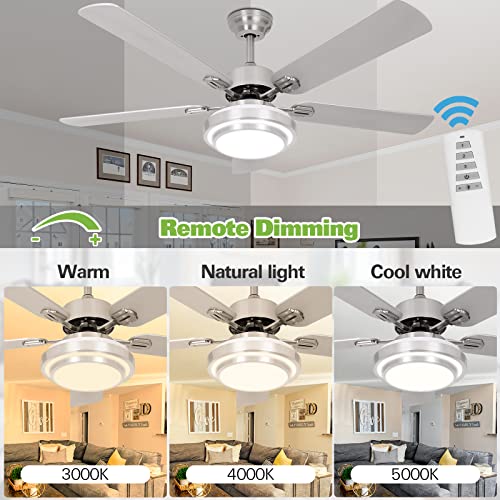Image of hykolity 52 Inch Ceiling Fans with Lights (Integrated LED) Remote Control, Reversible Motor and Blades, ETL Listed, for Patio Living Room, Bedroom, Office - Brushed Nickel (5-Blades)