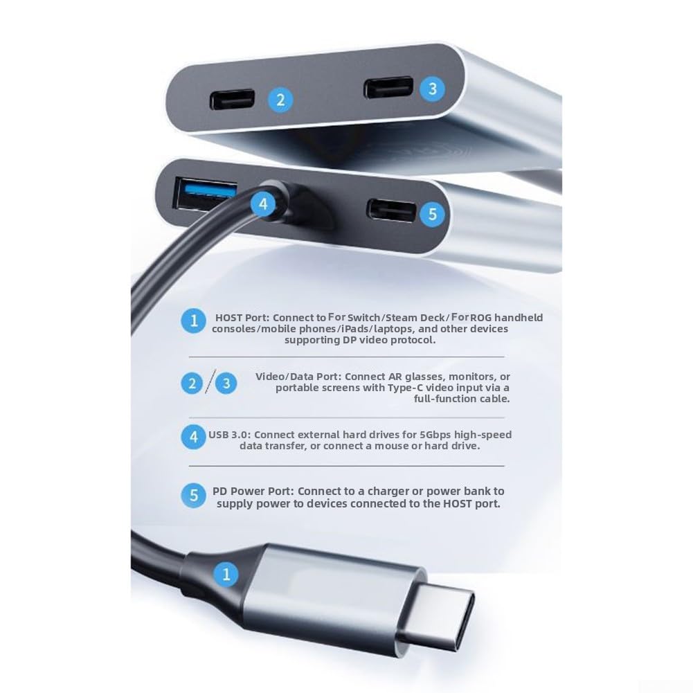 Adapter do okularów USB C na AR, podwójny konwerter do przełącznika do pokładu parowego, wyjście wideo HD, koncentrator odtwarzania i ładowania, srebrny, 8 x 12 cm