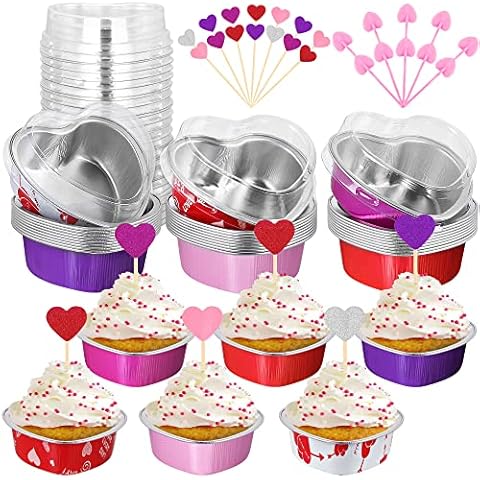 Fovths Valentine's Day Aluminum Foil Cake Pan with Lids, Disposable Heart Shaped Cake Pans with Heart Spoons & Love Cupcake Topper for Valentine's Day, Mother's Day, Wedding-Set of 30 Cover