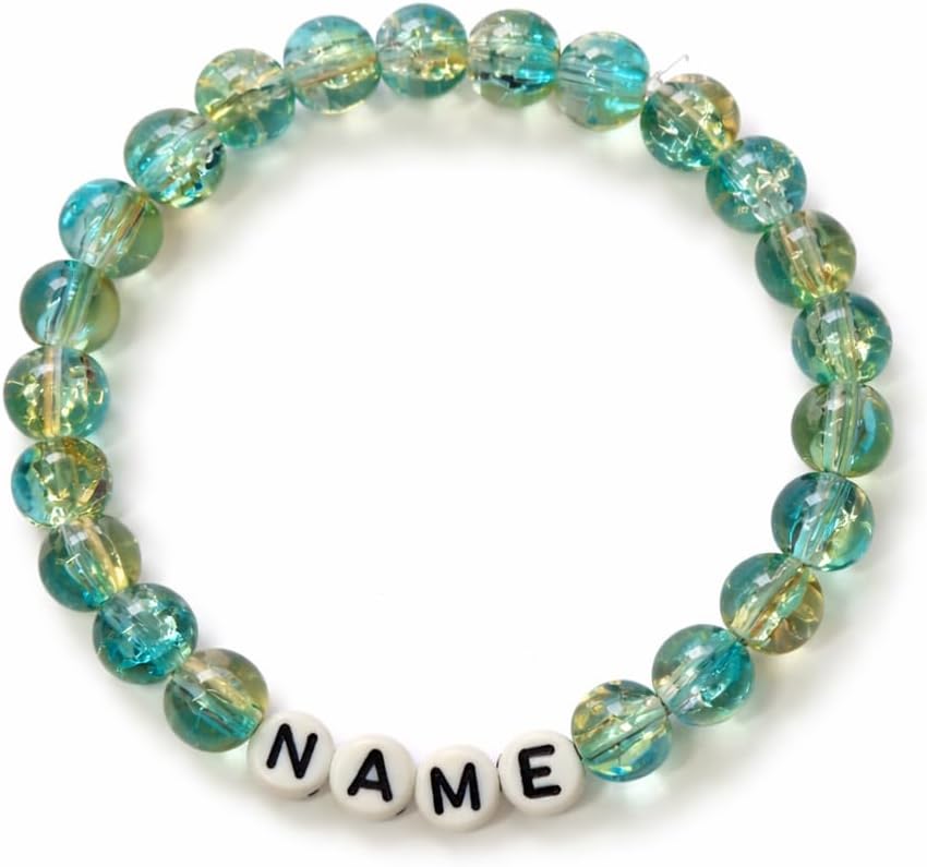 Personalized Name Beaded Bracelet – Custom Black Text Bracelet Green Crystal Beads, Handmade Gift for Women, Men & Kids