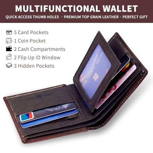 Full Grain Leather Bifold Wallets, RFID-Blocking for Western Men, Rodeo Wallet with 10 Slots (Wine Red, Stars), Gift for Men2