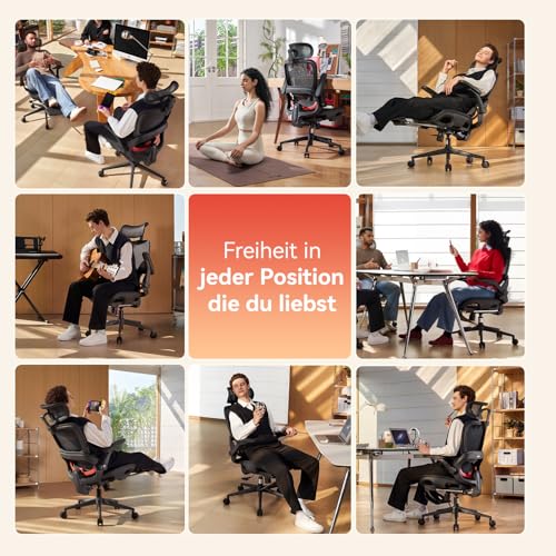 SIHOO B100 Bürostuhl Ergonomisch, Schreibtischstuhl mit 4D Dynamischer Lordosenstütze, Computertischstuhl mit Breiter Kopfstütze, Klappbare Armlehnen, 90-135° Neigbar, Schwarz