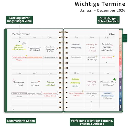 RETTACY Kalender 2026 - Terminplaner 2026 Notizbuch A5, Wochenplaner für Schule, Studium & Arbeit - Jan-Dec 2026 - Dunkelgrün – Bild 3