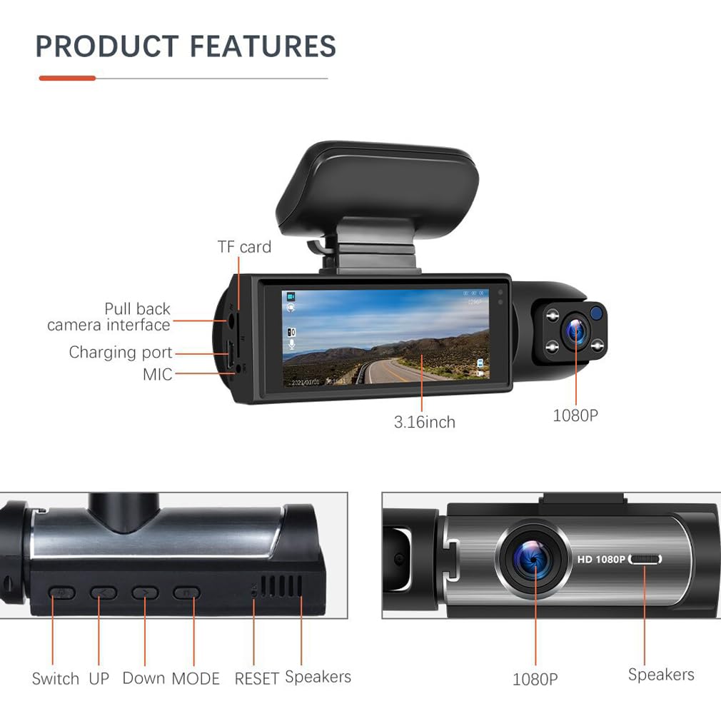 XRC TECH Caméra embarquée double objectif HD 1080p pour voiture, enregistrement avant et intérieur en même temps, vision nocturne IR avec écran IPS de 8 cm