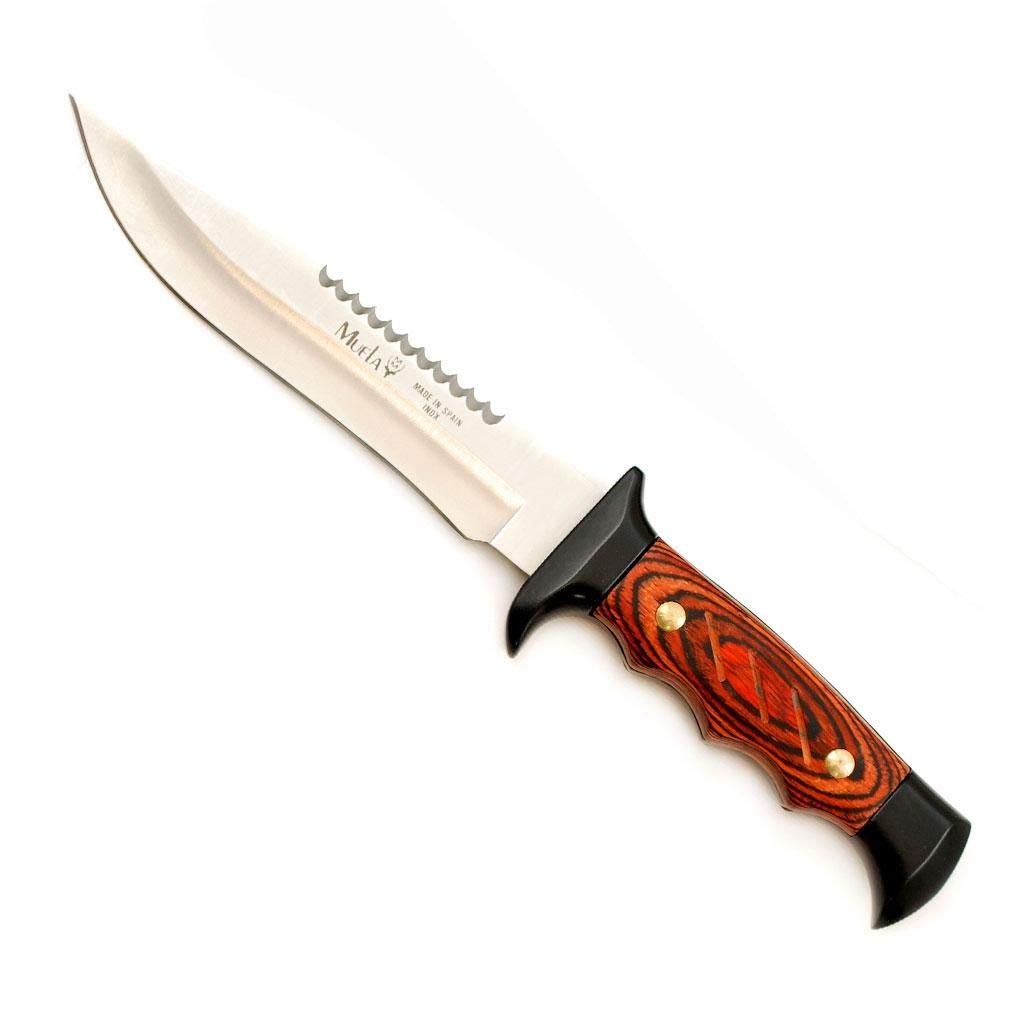 Muela Cuchillo 5161-M hoja de acero ACX-380 de 16 cm y empuñadura de madera prensada para Caza, Pesca, Supervivencia y Bushcraft Realizado en Ciudad Real + Portabotellas de regalo
