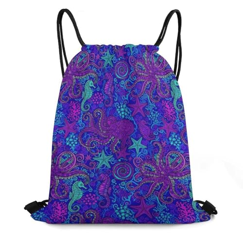 Image of Travel Drawstring Backpack Theft Proof Cinch Sack Water Resistant Sackpack for Camping Hiking Outdoor Sports, Trippy Octopus Art Blue Bags