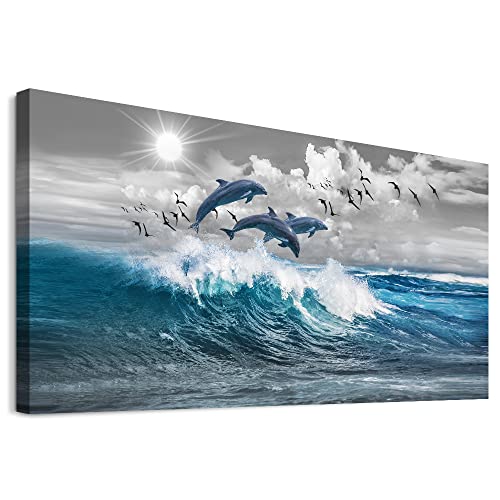 Wall Decorations For Living Room Large Size Canvas Wall Art For Bedroom Blue Waves Of The Sea Wall Pictures Artwork Modern Office Canvas Art Print Dolphins Wall Paintings Ready To Hang Home Decor #TOP4