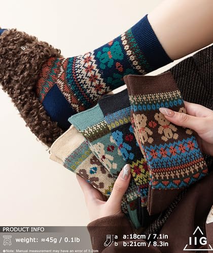 Image of IIG 3-5 Pairs Womens Vintage Cozy Crew Socks Soft Cute Neutral Cotton Socks Exquisite Patterns Socks Gift