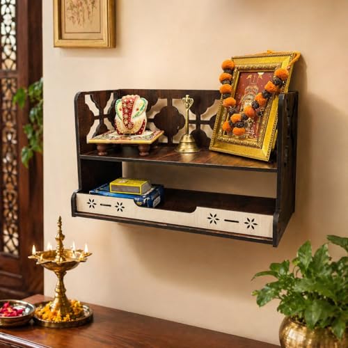 Image of Zesta Wooden Mandir for Home Big Size | DIY Pooja Mandir with LED Spot Light | Devghar Cabinet for Living Room or Office | Wall Mounted Pooja Unit for Home (Double Step)