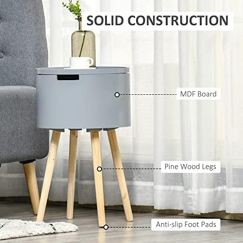 HOMCOM Modern Side Table with Hidden Storage Space, Round Night Stand with Removable Tray Wood Frame End Coffee Table for Living Room Children's Room, Grey