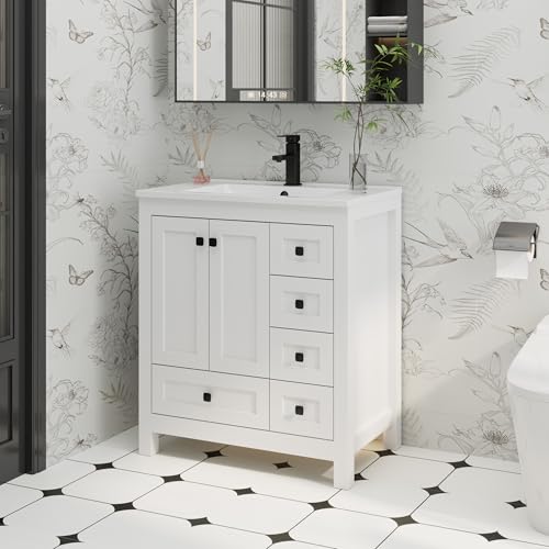 eclife 30' Bathroom Vanities with Sink Combo, Modern Thickened Wood Bathroom Storage Cabinet w/Undermount Sink, Matte Black Faucet Drain, Painted Surface, White-1