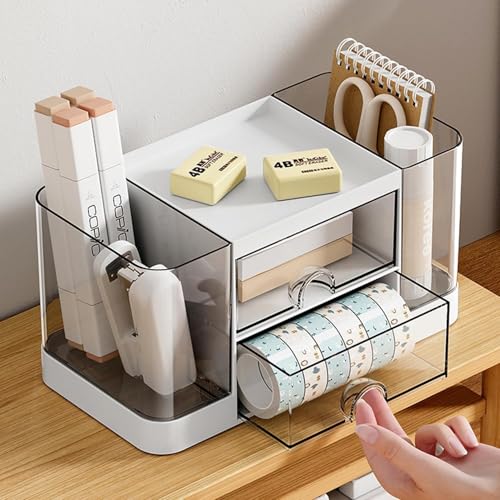 Image of Desk Organizer with 2 side Drawers & Dual Pen Holders Multipurpose Desktop Storage Box for Office Desk Study Table Makeup Vanity Stationery Holder with Transparent Top Tray(multicolor)