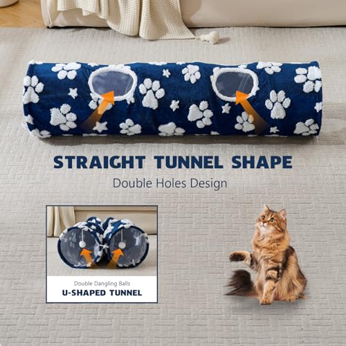 Image of Straight Cat Tunnel for Indoor Cats 47 inchx12 inch, Cute Cat Toys Collapsible Tunnel Tube with Balls for Puppy Kitten Rabbit, Blue Paw
