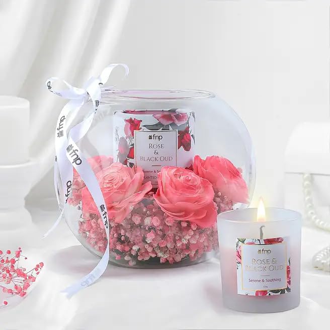 FNP Pink Sola Belli & Gypsophila Fish Bowl Arrangement | Rose & Oud Candle, Glass Fish Bowl Vase, Hand Sprayed Flowers, Satin Ribbon Tied, Incredible Mom Topper-image-31