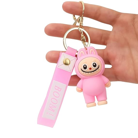 TRYCHASE Kawaii Bunny Keychain – Cute Cartoon Animal Key Ring with BOOM Strap | Soft Rubber Accessory for Bags & Gifting – Multicolor (Pack of 1 & 2)