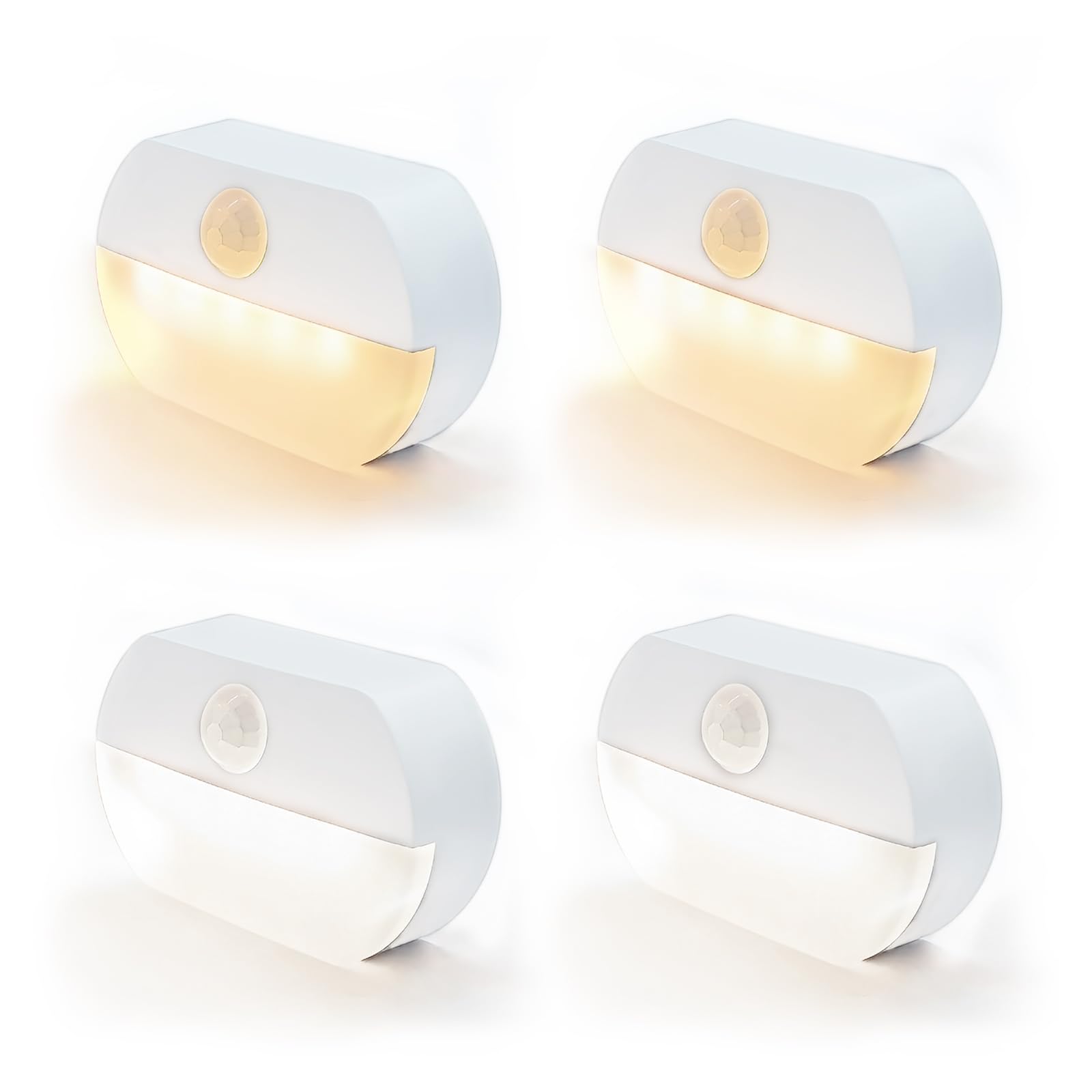 Nachtlicht mit Bewegungsmelder Batterie - 2 weiße+2 warmweiße LED Bewegungsnachtlichter Innen Treppenhauslicht Sensor Licht,Auto EIN/AUS,für Dielen,Flure,Schlafzimmer,Kinderzimmer,Richtungsleuchten