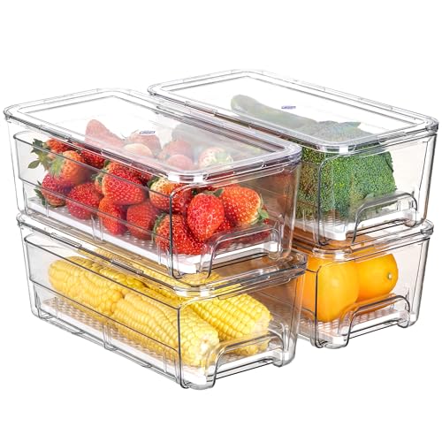 Antimbee 4er-Pack Kühlschrank Organizer Schublade Stapelbare Organizer Kühlschrank mit Deckel Aufbewahrungsbox für Kühlschränke Küche Vorratsschrank Gefrierschrank