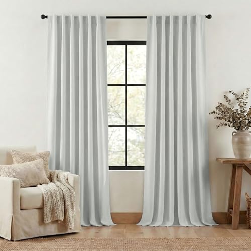 NICETOWN Faux Linen Room Darkening Living Room Curtains, Pinch Pleated Curtains Thick Linen Blend Thermal Insulated Noise Reducing Window Drapes for Bedroom, Greyish White, W50 x 96, Set of 2 - image 1