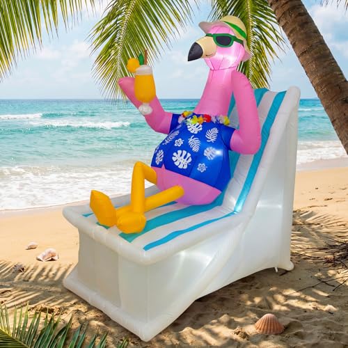 OurWarm 6 FT Summer Inflatable Flamingo Outdoor Decor with Built-in 4 LED Light Waterproof Pink Blow Up Flamingo Yard Hawaiian Luau Party Decorations Tropical Inflatables for Pool Beach Aloha Party
