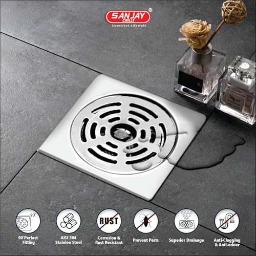 Image of Square Ringo SS Floor Drain with Pipe Hole for Bathroom 304 Grade Kitchen Sink Top Cover Jali Water Drainer Strainer Bathtub Laundry (Gypsy - Silver - 6 x 6 INCH)
