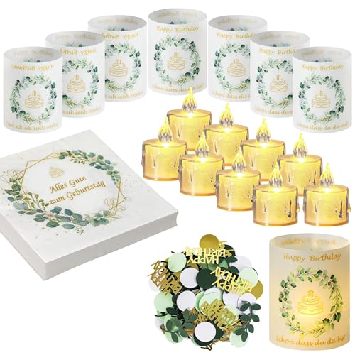VIRETH HAUS Lot de 12 photophores pour décoration de table d'anniversaire + 12 bougies LED + 24 serviettes Happy Birthday + 100 confettis - Décoration...