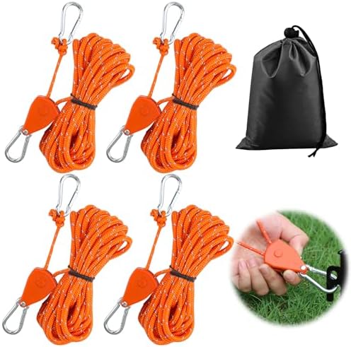 Tyafzzn 4 Stück 4mm Verstellbarer Seil Ratsche, 4m Abspannseile mit seilspanner, Einstellbare Ratchet Hanger, Zeltschnur mit Aufbewahrungstasche, Reflektierende Abspannseile für So
