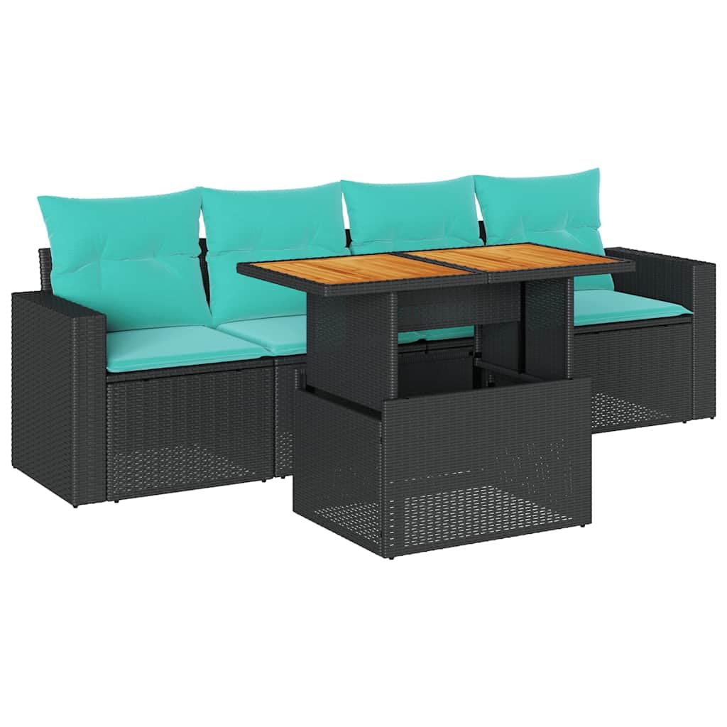 Juego de 5 muebles de jardín de ratán, color negro, altura regulable, 100 x 55 x 44/73 cm, cojines azules, espacio de almacenamiento, UV, balcón, terraza
