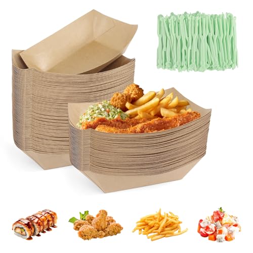 DUTIFUL 100 Stück Pommes Schalen Currywurst Schale Pommesschalen mit 200 Gabeln Fingerfood Schalen Pappschalen Kraftpapier Pappschüsseln für Pommes Frites Macarons Currywurst Salate